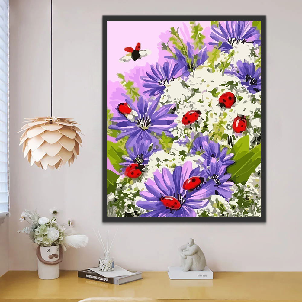 Ladybugs and Purple Flowers Paint by Numbers