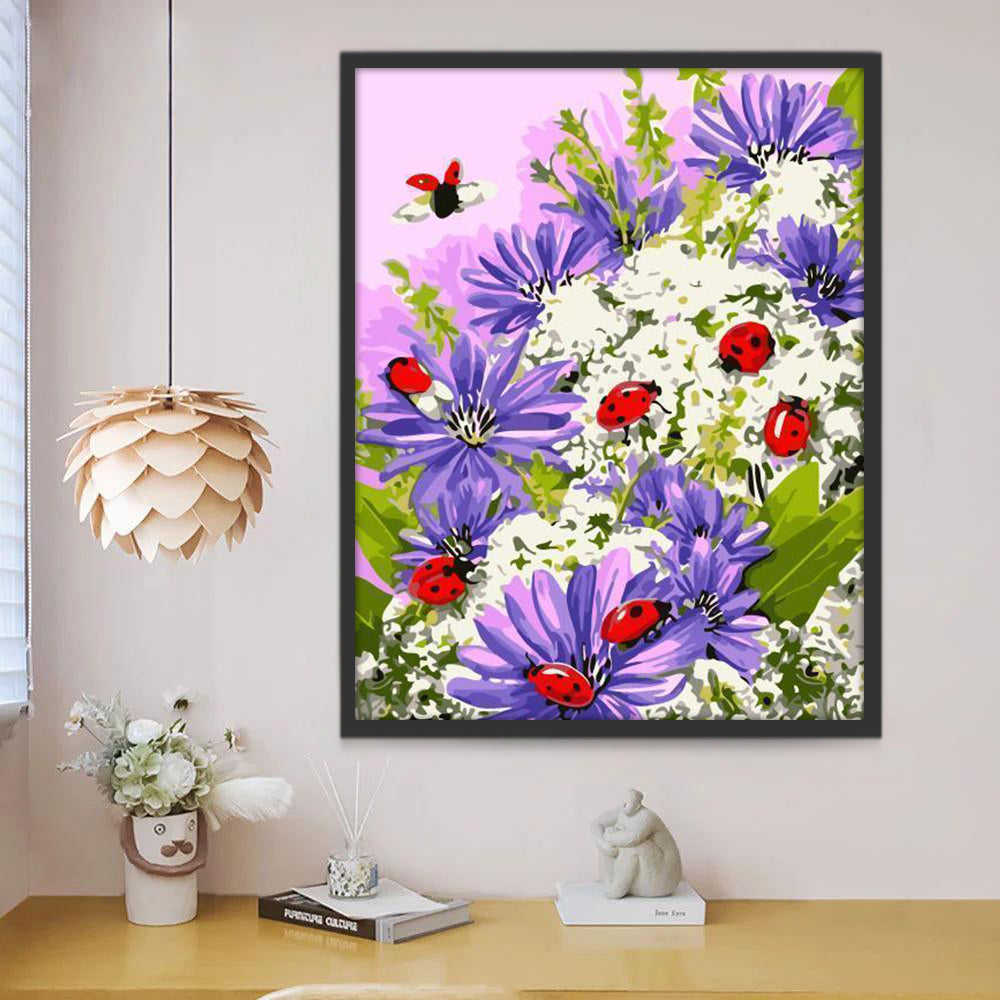 Ladybugs on Purple Daisies Paint by Numbers