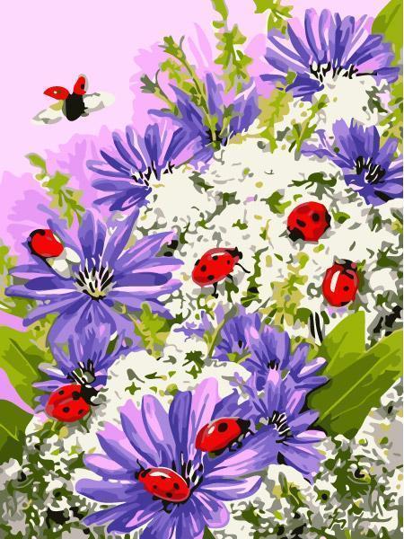 Ladybugs on Purple Daisies Paint by Numbers