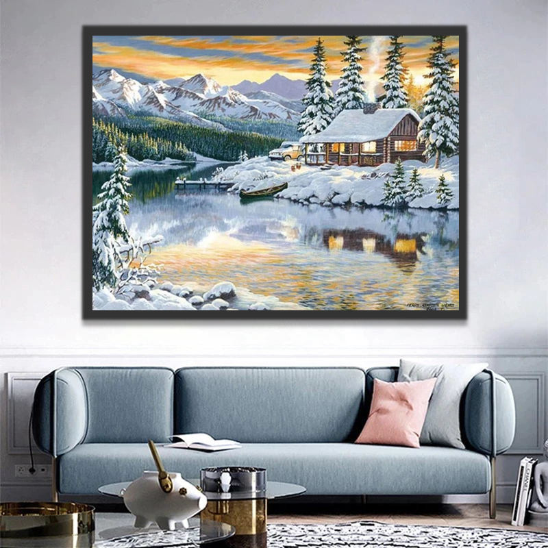 Lake Snow Cottage Paint by Numbers
