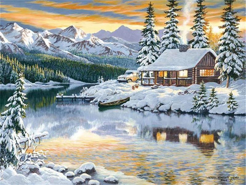 Lake Snow Cottage Paint by Numbers