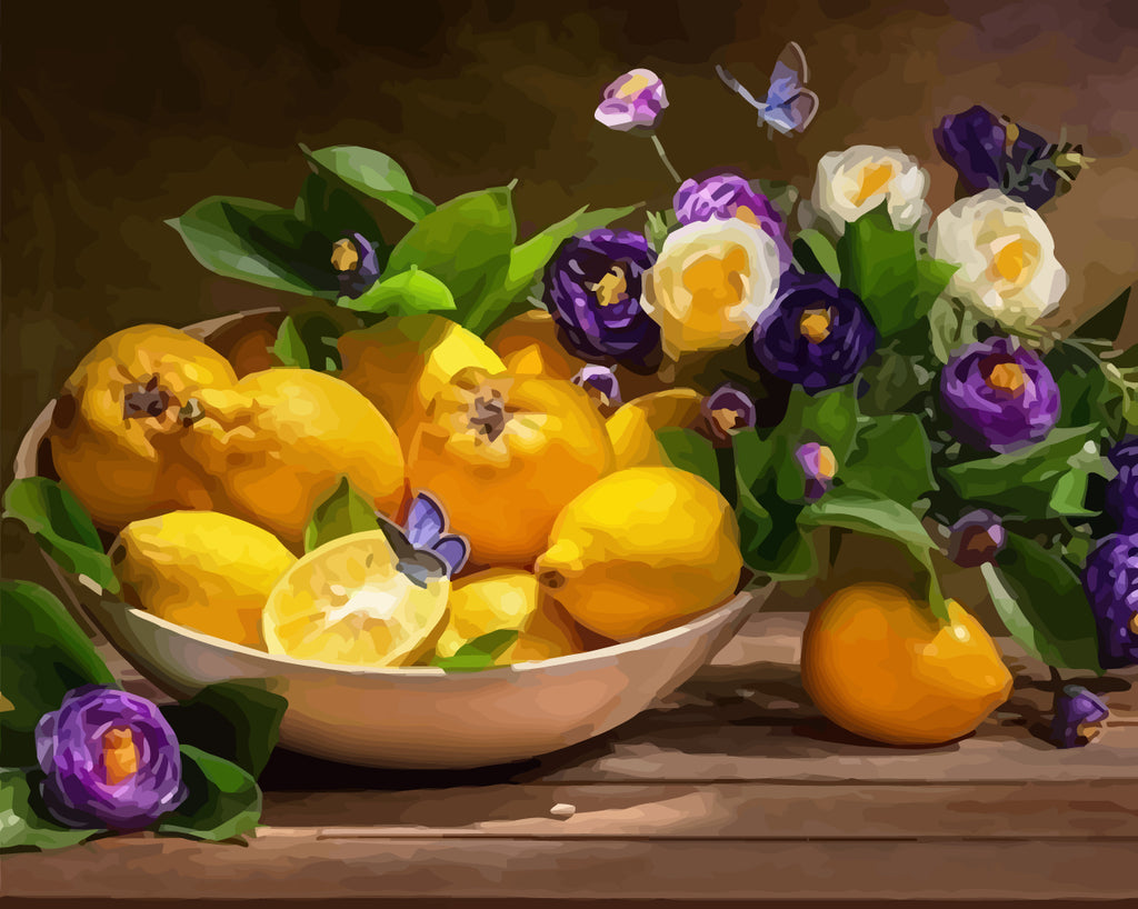 Lemons and Purple Flowers Paint by Numbers