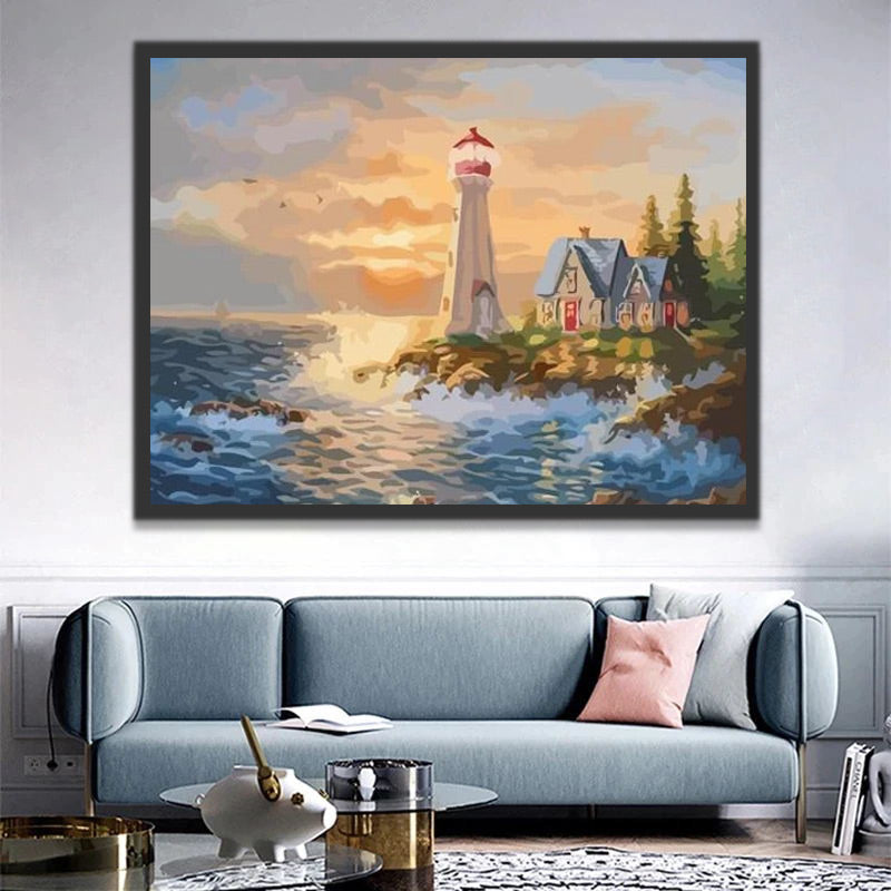 Lighthouse and Waves at Sunset Paint by Numbers