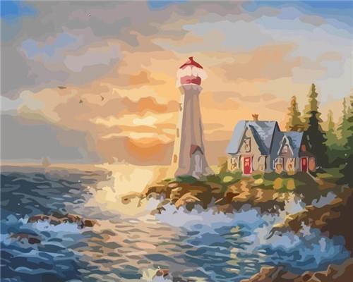 Lighthouse and Waves at Sunset Paint by Numbers