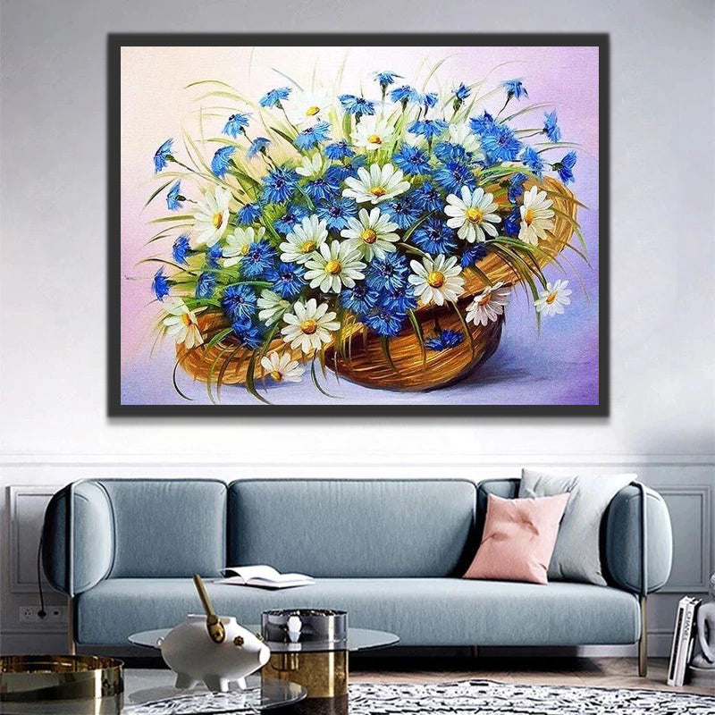 Little Blue and White Flowers in A Straw Hat Paint by Numbers