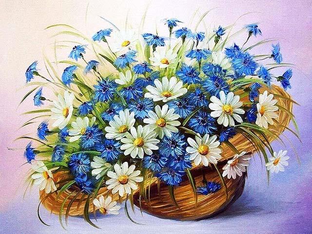 Little Blue and White Flowers in A Straw Hat Paint by Numbers