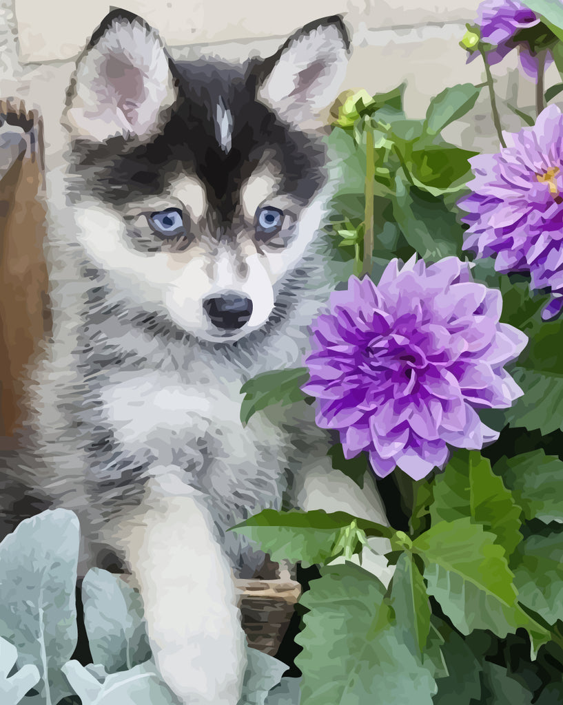 Little Wolf and Purple Flowers Paint by Numbers