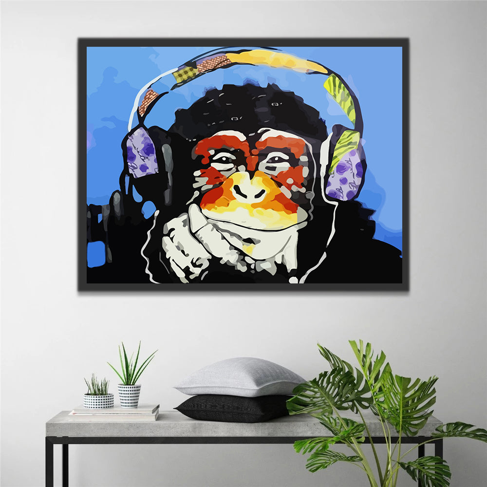 Monkey with Headphones on A Blue Background Paint by Numbers