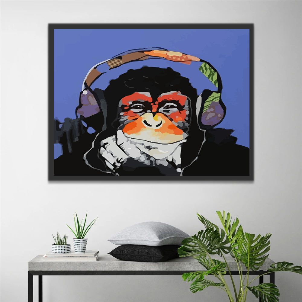 Monkey with Headphones on A Blue Background Paint by Numbers