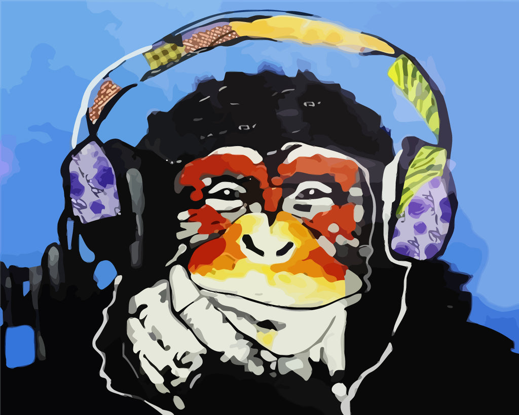 Monkey with Headphones on A Blue Background Paint by Numbers