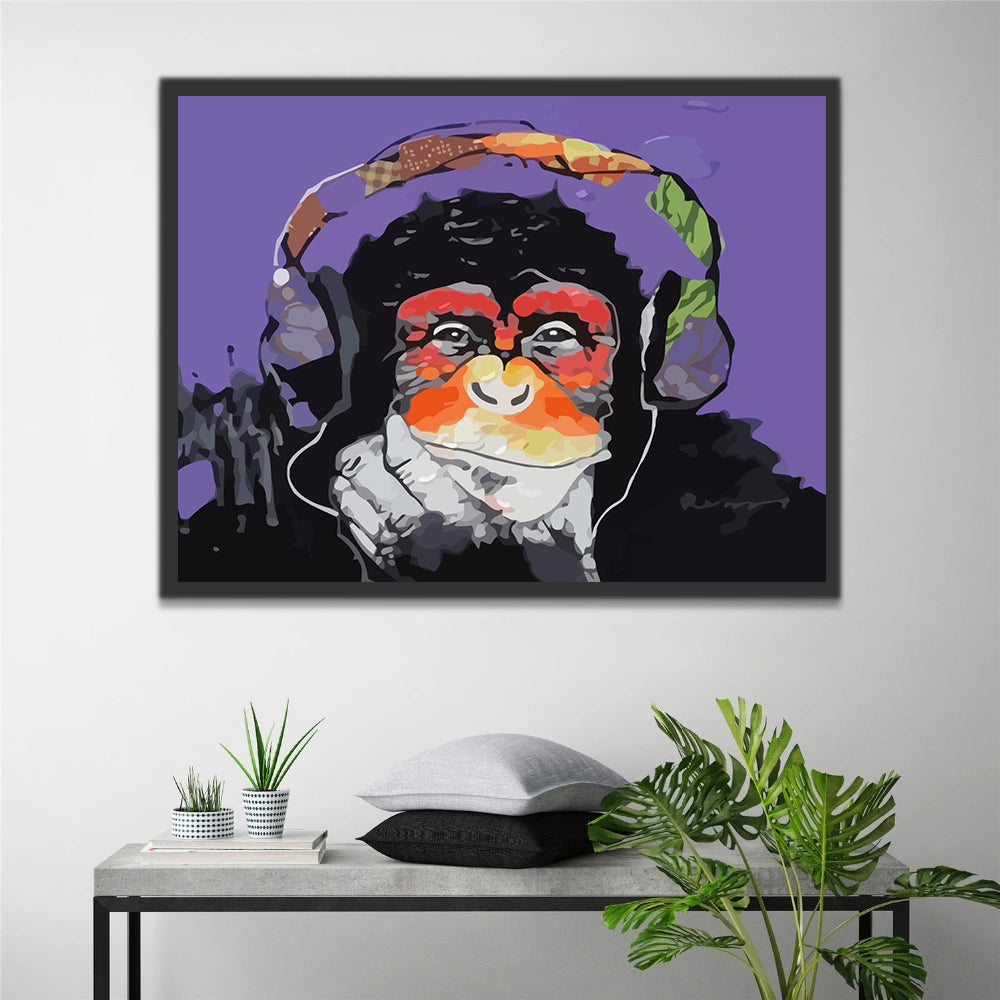 Monkey with Headphones on Purple Background Paint by Numbers