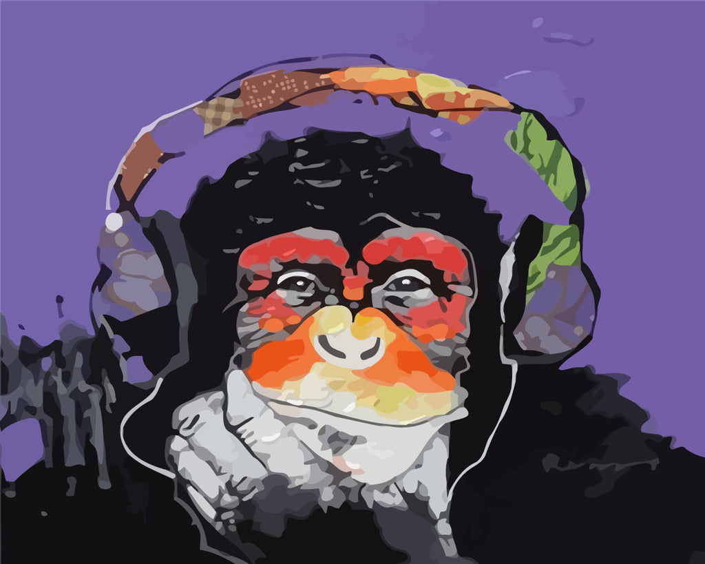 Monkey with Headphones on Purple Background Paint by Numbers