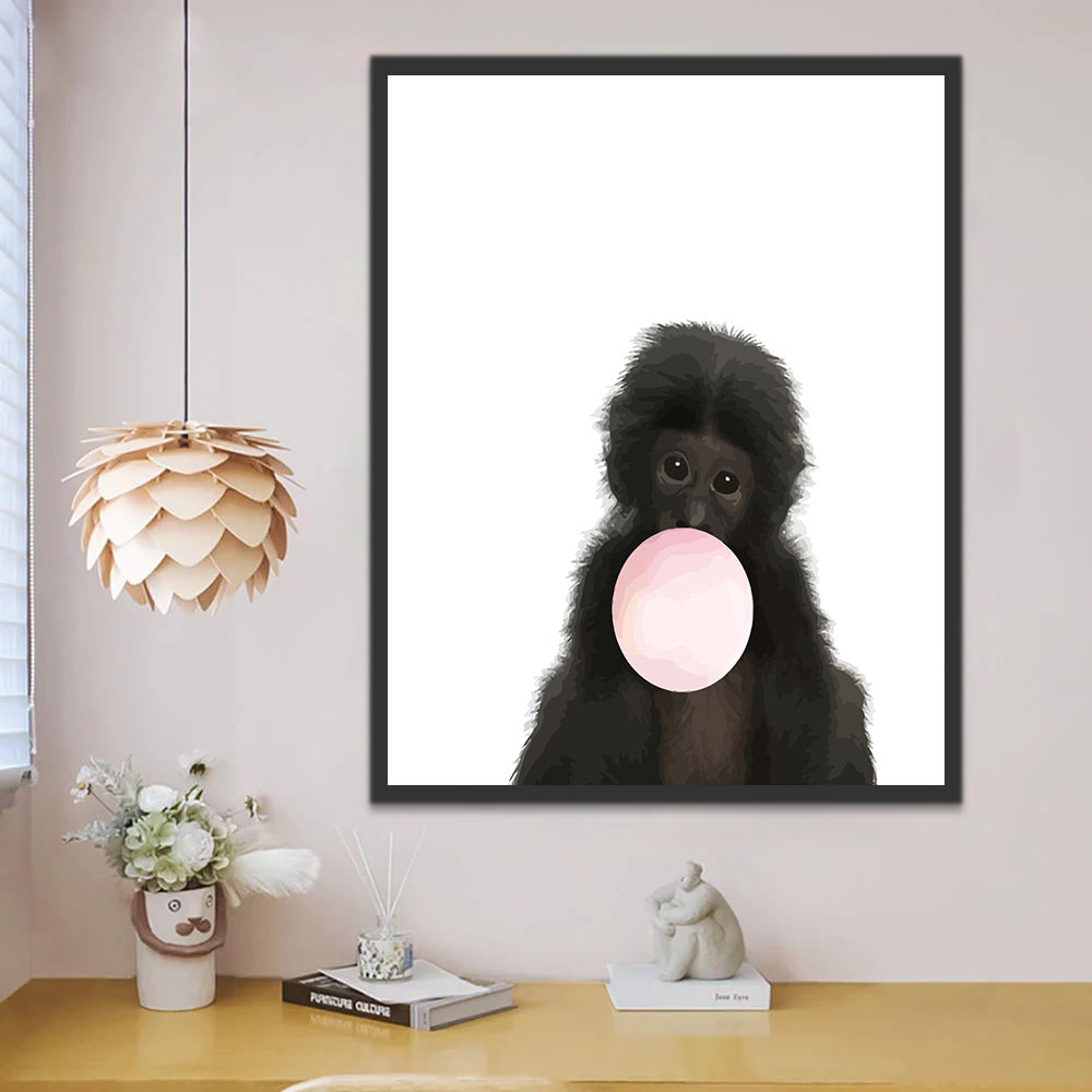 Monkey with Pink Bubble Gum Paint by Numbers