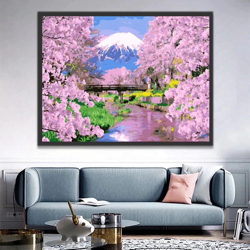 Mount Fuji, Bridge and Sakura Paint by Numbers