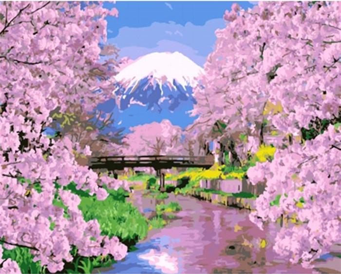 Mount Fuji, Bridge and Sakura Paint by Numbers