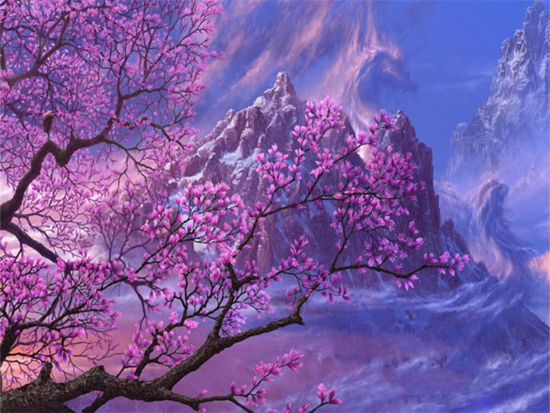 Mountain and Pink Flowers Paint by Numbers