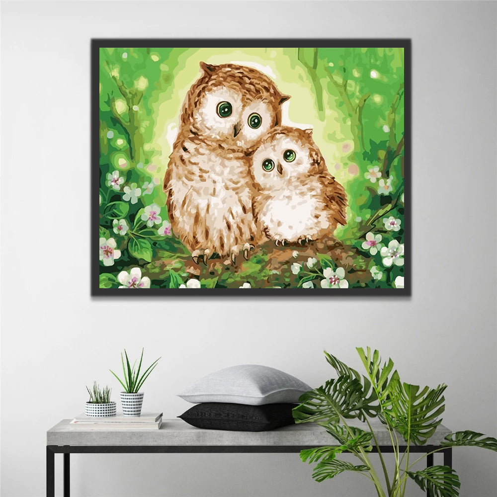 Owl and Baby Owl on the Branch Paint by Numbers