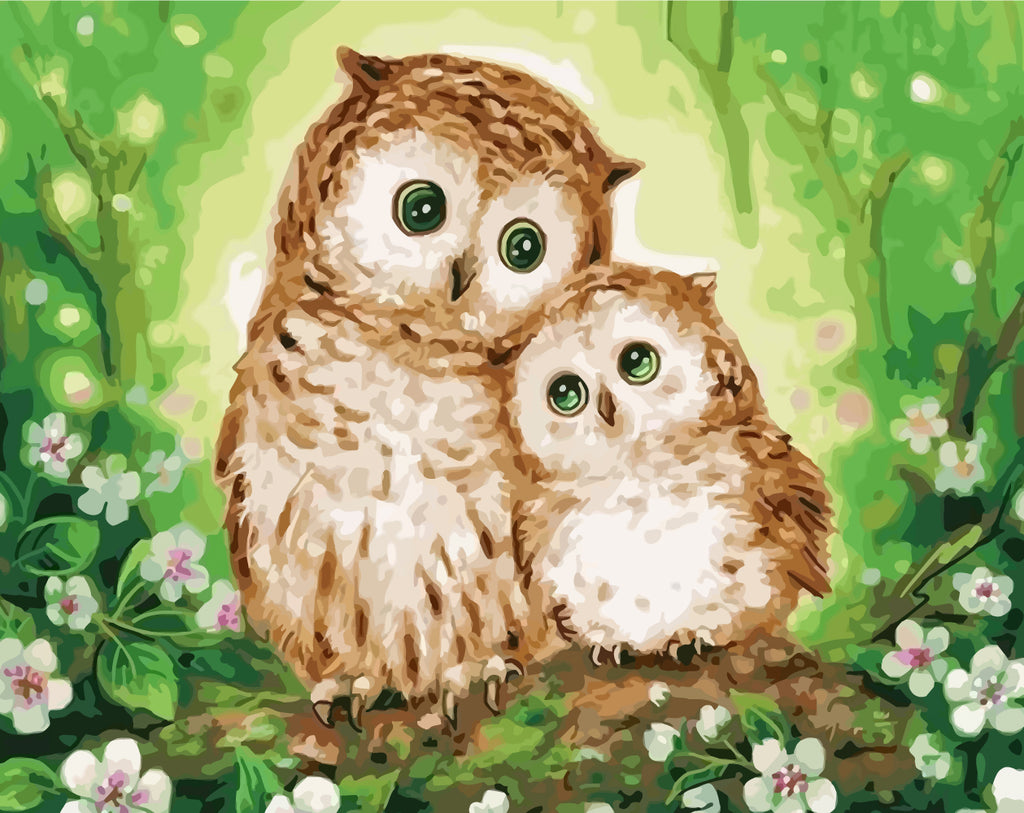 Owl and Baby Owl on the Branch Paint by Numbers