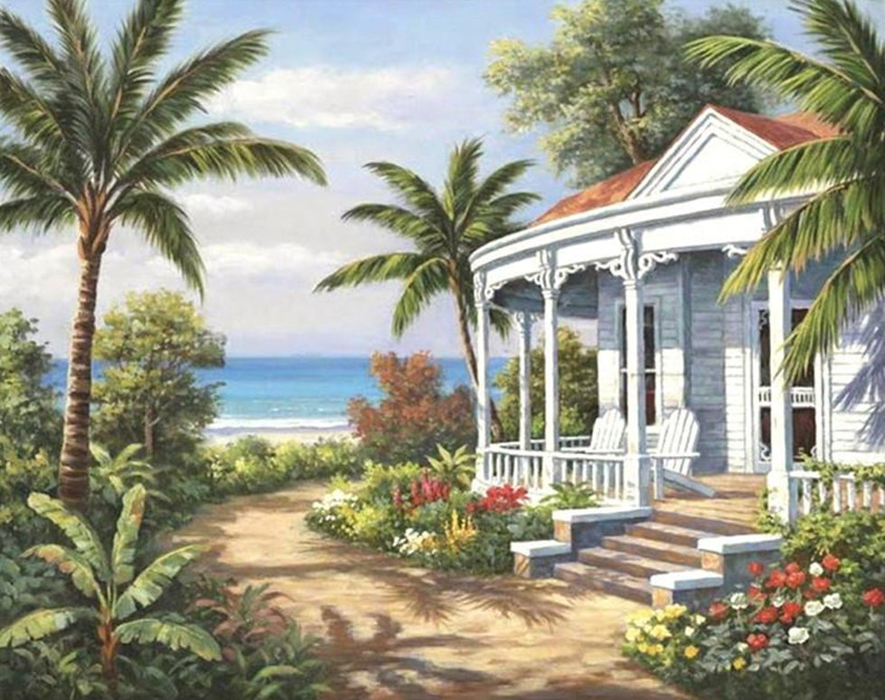 Palm Trees and Hut by the Sea Paint by Numbers