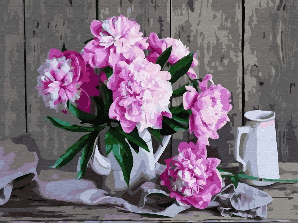 Peonies and White Bottle Paint by Numbers