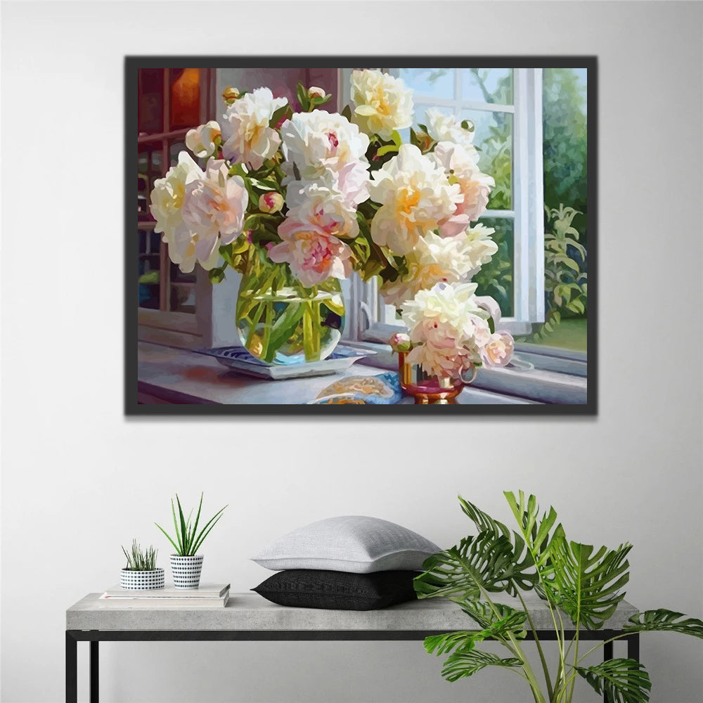 Peonies on Windowsill Paint by Numbers