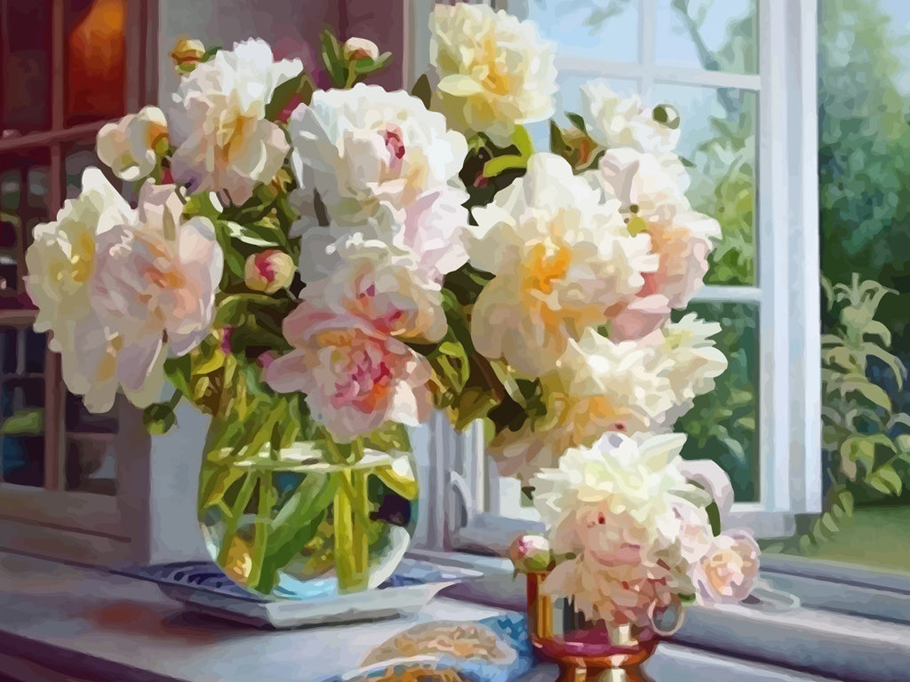 Peonies on Windowsill Paint by Numbers