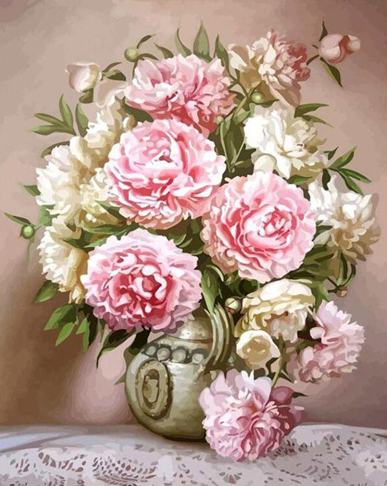 Pink and White Peonies Paint by Numbers