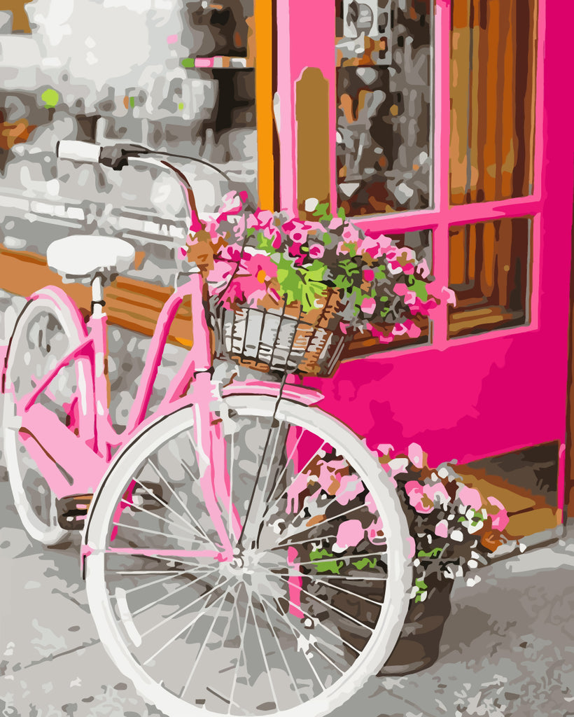 Pink Bicycle and Pink Flowers Paint by Numbers