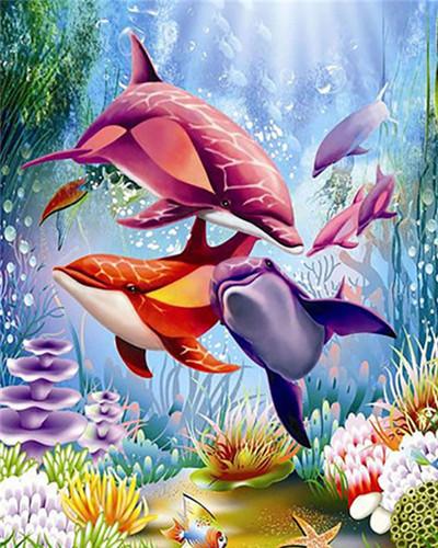 Pink Dolphins in the Sea Paint by Numbers