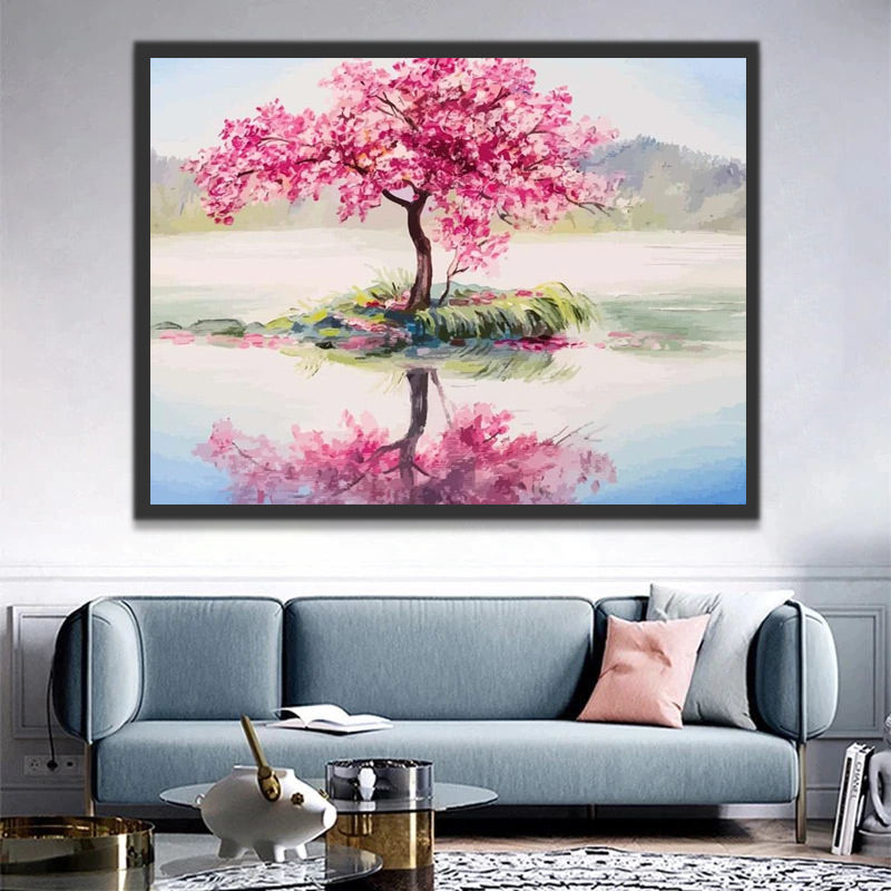 Pink Flower Tree and Reflection Paint by Numbers