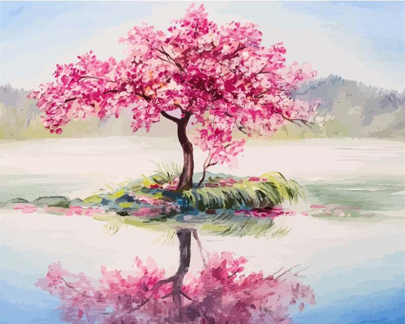 Pink Flower Tree and Reflection Paint by Numbers