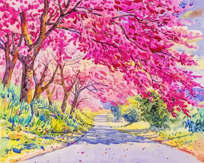 Pink Flower Trees by the Road Paint by Numbers