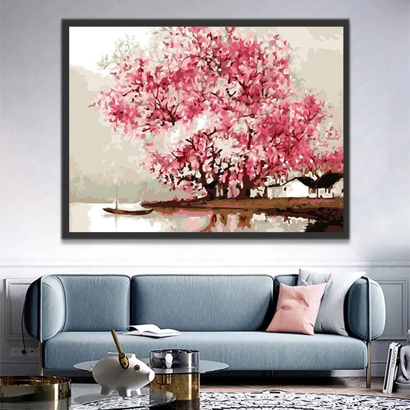 Pink Flowering Tree by the River Paint by Numbers