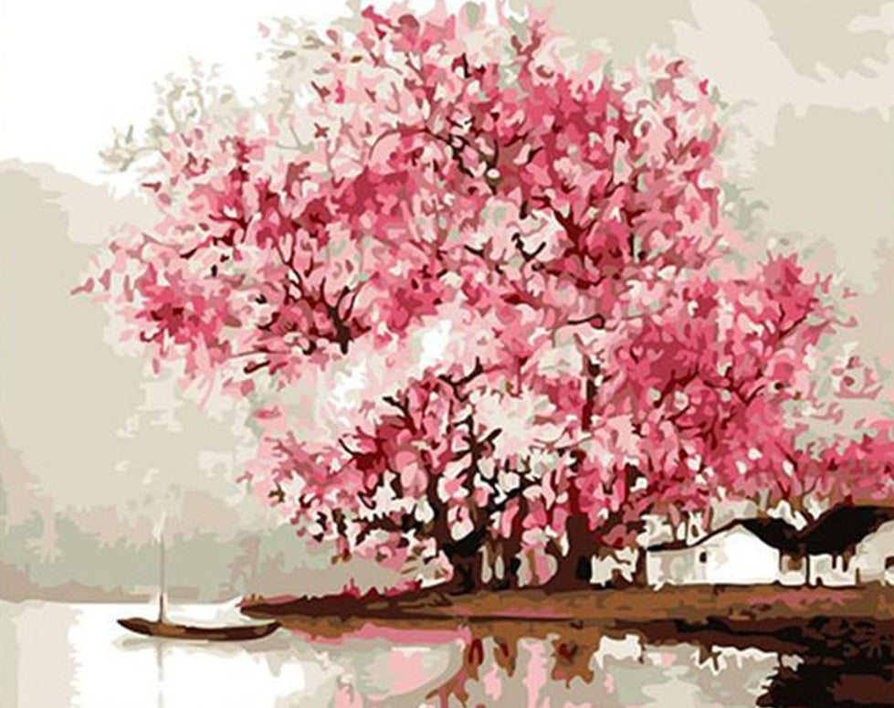 Pink Flowering Tree by the River Paint by Numbers