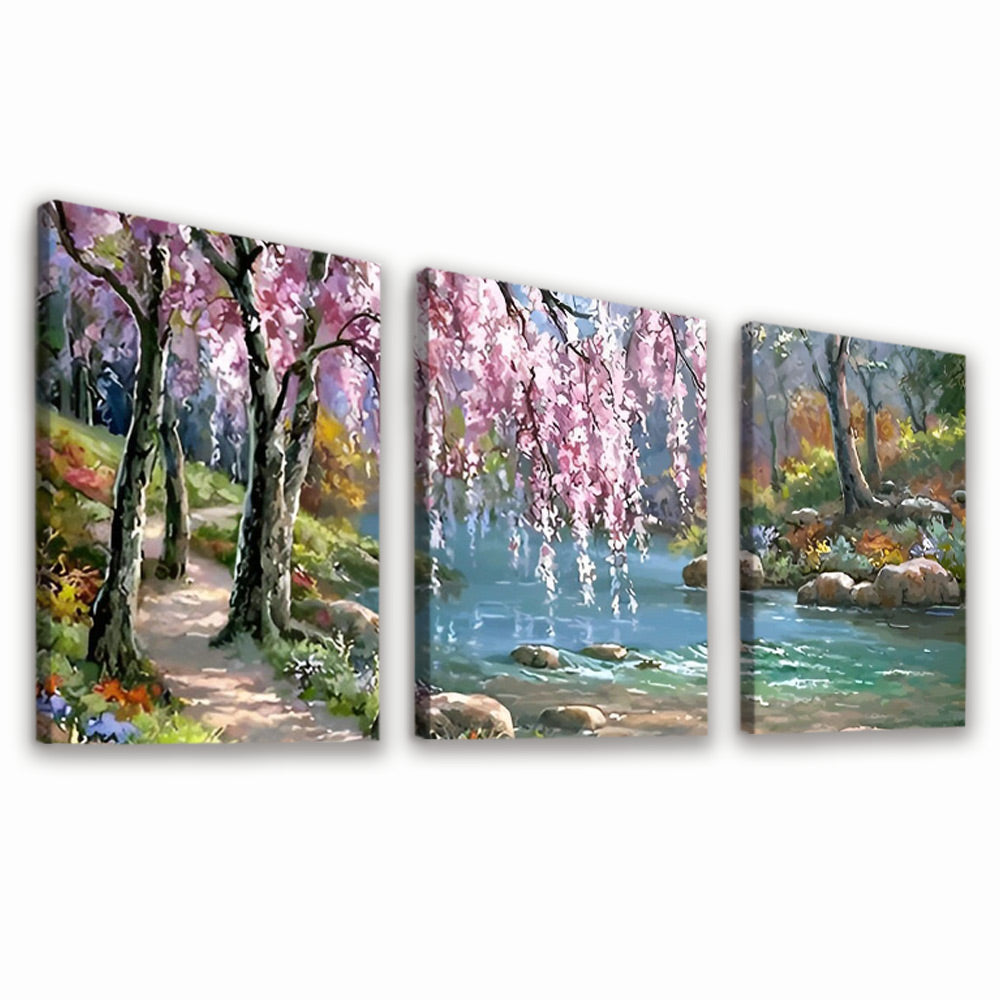 Pink Flowering Trees by the River 3 Pack Paint By Numbers