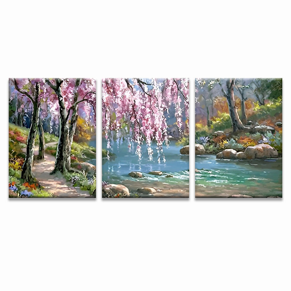 Pink Flowering Trees by the River 3 Pack Paint By Numbers