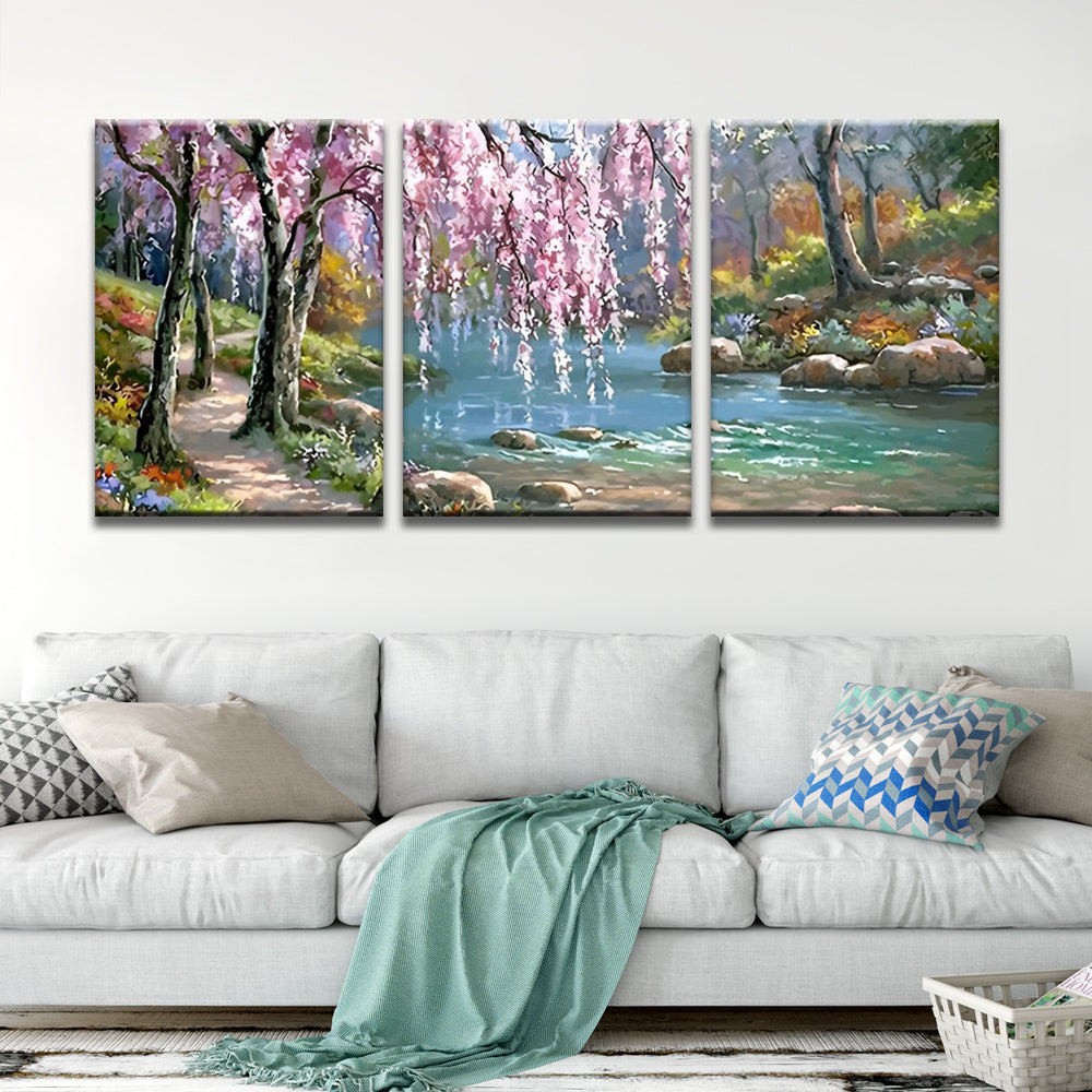 Pink Flowering Trees by the River 3 Pack Paint By Numbers