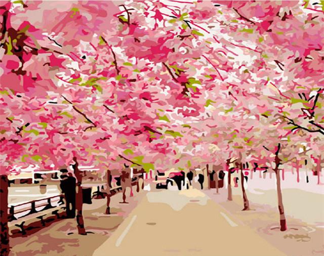 Pink Flowering Trees by the Roadside Paint by Numbers