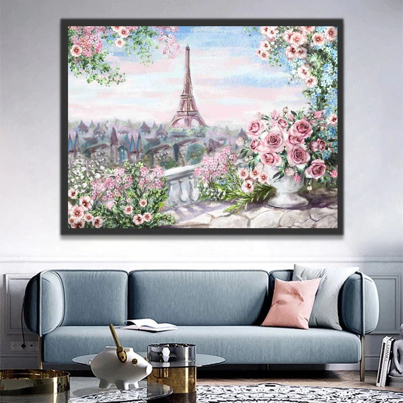 Pink Flowers and Eiffel Paint by Numbers