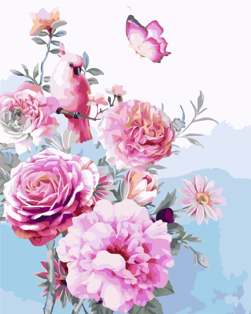 Pink Flowers, Butterfly and Bird Paint by Numbers