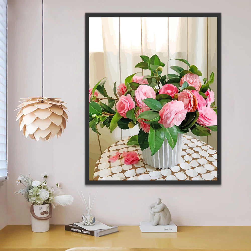 Pink Flowers in White Vase Paint by Numbers