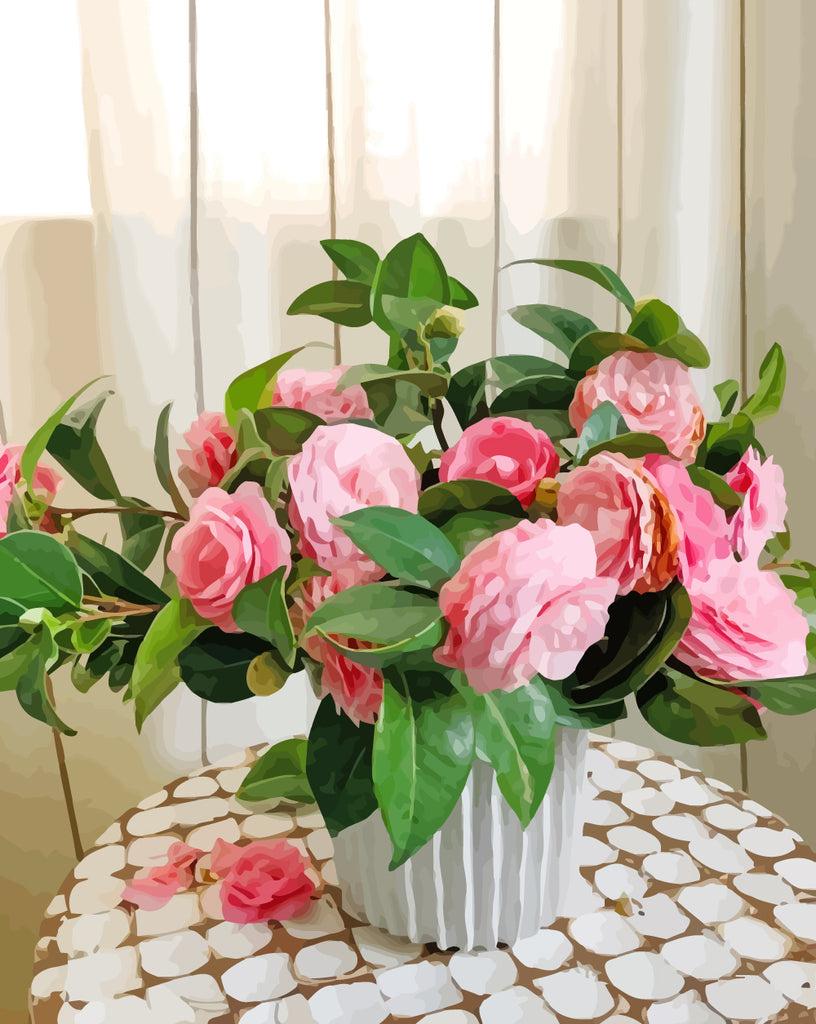 Pink Flowers in White Vase Paint by Numbers