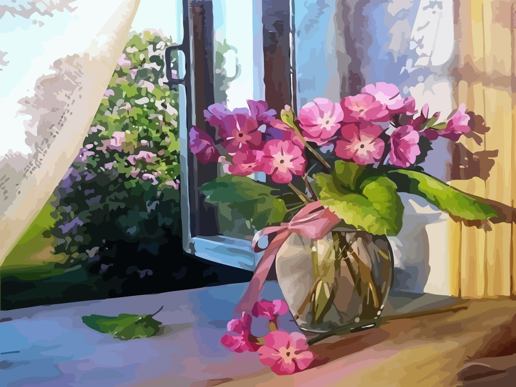 Pink Little Flowers by the Window Paint by Numbers