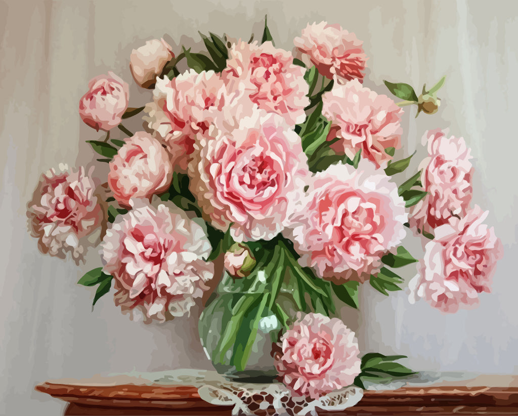 Pink Peonies in Glass Bottle Paint by Numbers