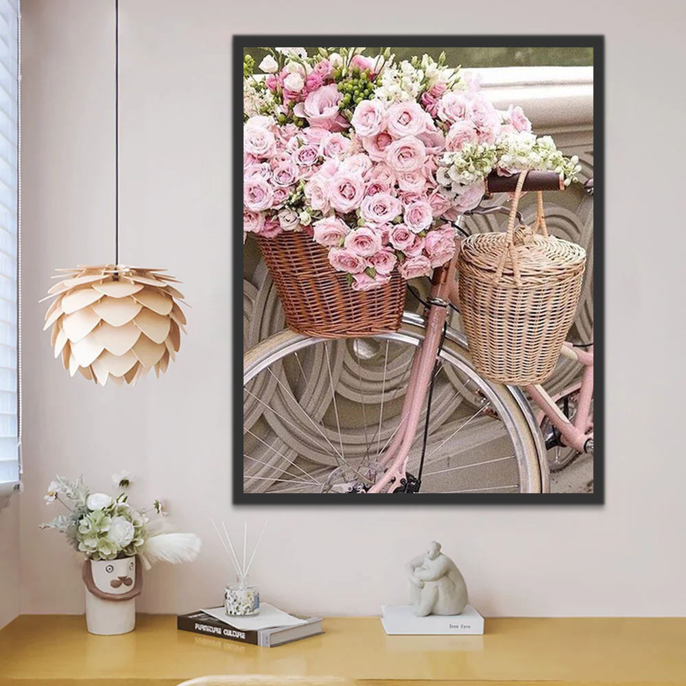 Pink Roses in Bicycle Basket Paint by Numbers