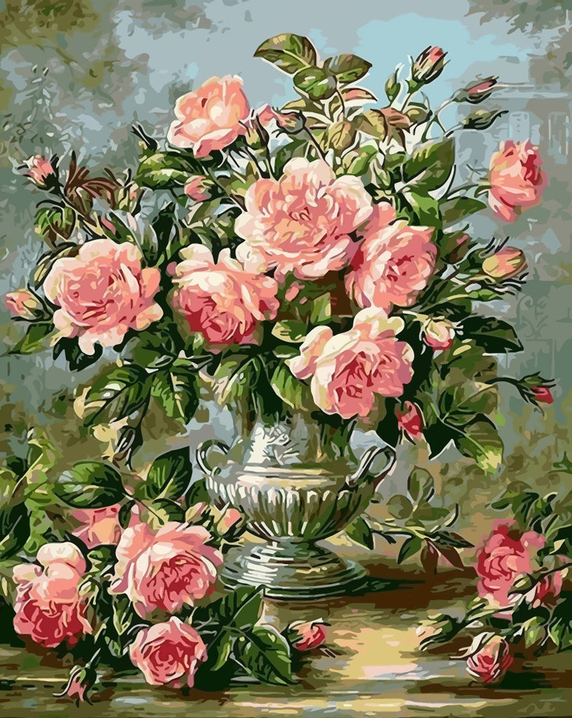 Pink Roses in Silver Vase Paint by Numbers