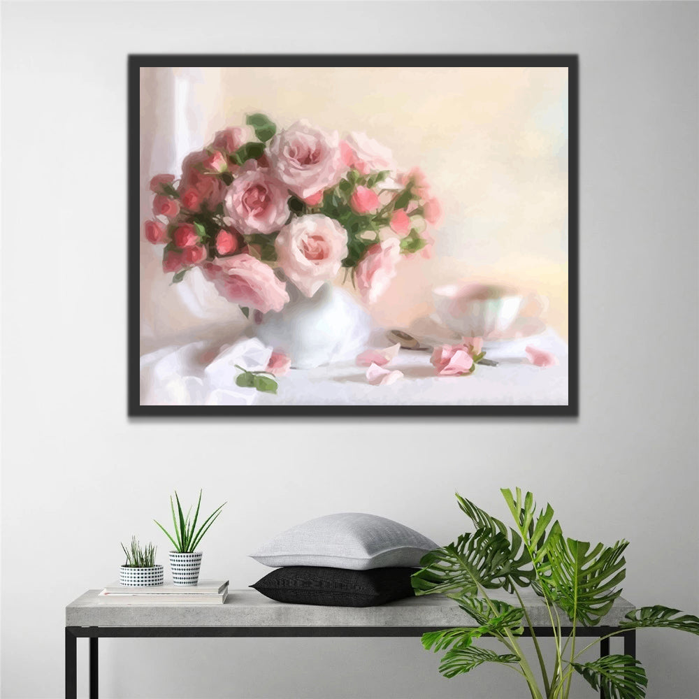 Pink Roses in White Vase Paint by Numbers