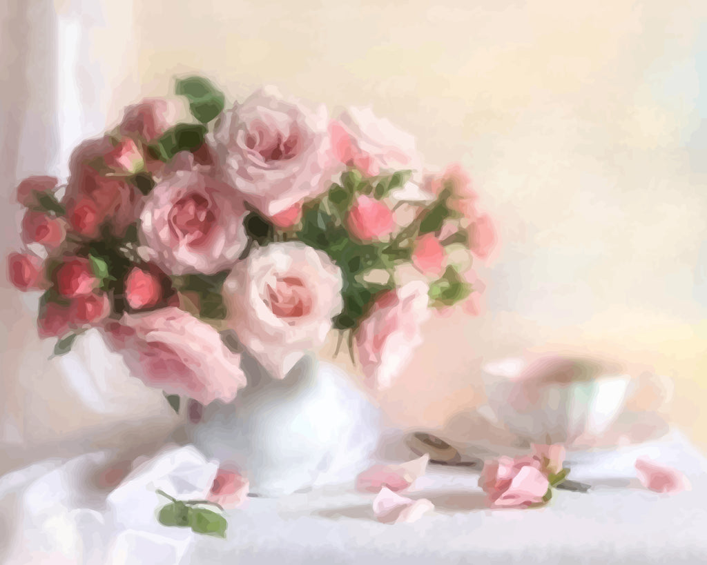 Pink Roses in White Vase Paint by Numbers