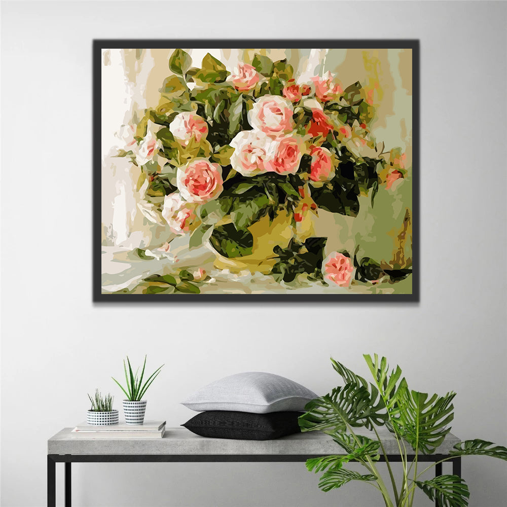 Pink Roses on White Background Paint by Numbers