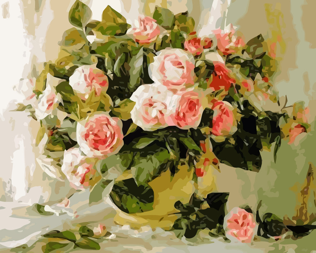 Pink Roses on White Background Paint by Numbers